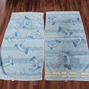Vintage Jubilee Set of 2 Bath Towels Blue Dolphin Theme Cotton 48" x 24"